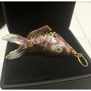 Vintage Cloisonné Articulating Koi Fish Necklace Pendant 2.5" L